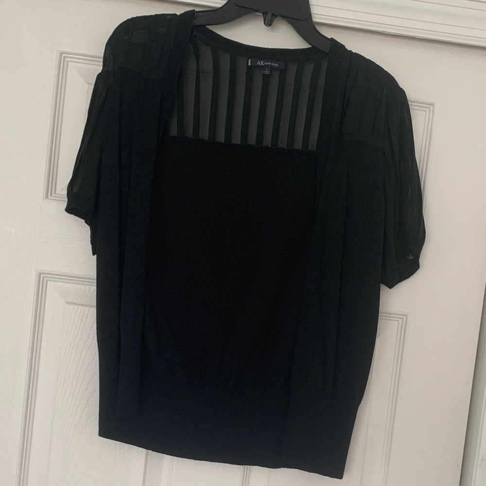 Anne Klein Black Short Sleeve Top with Sheer Striped Yoke